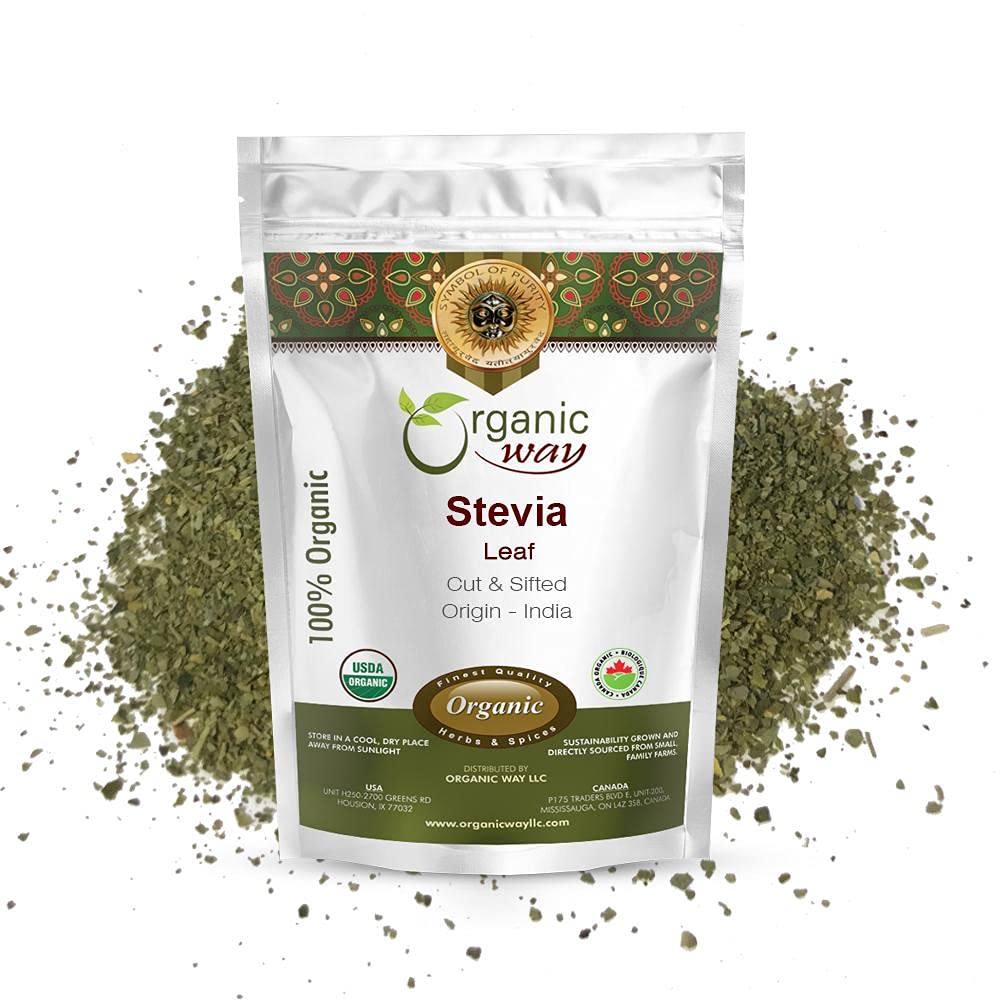 Organic Way Stevia Leaf Cut & Sifted bag close-up showing natural color and texture
