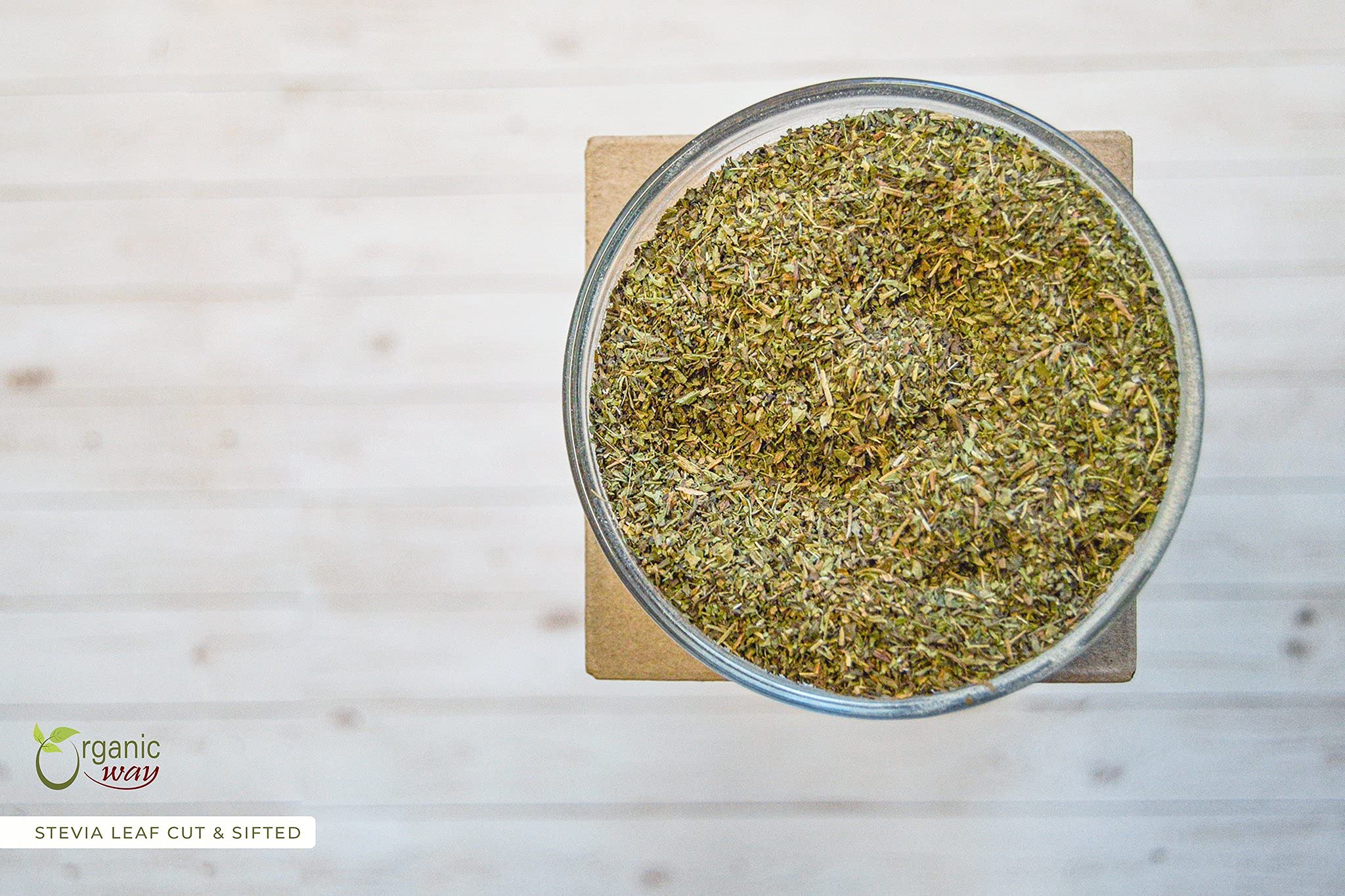 Organic Way Stevia Leaf Cut & Sifted loose leaf texture ready for measuring