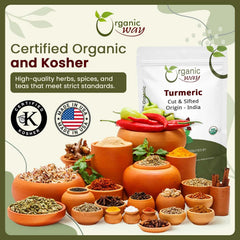 Organic Way turmeric cut & sifted texture in kitchen