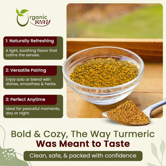 Organic Way turmeric root cut & sifted close-up showing warm aroma
