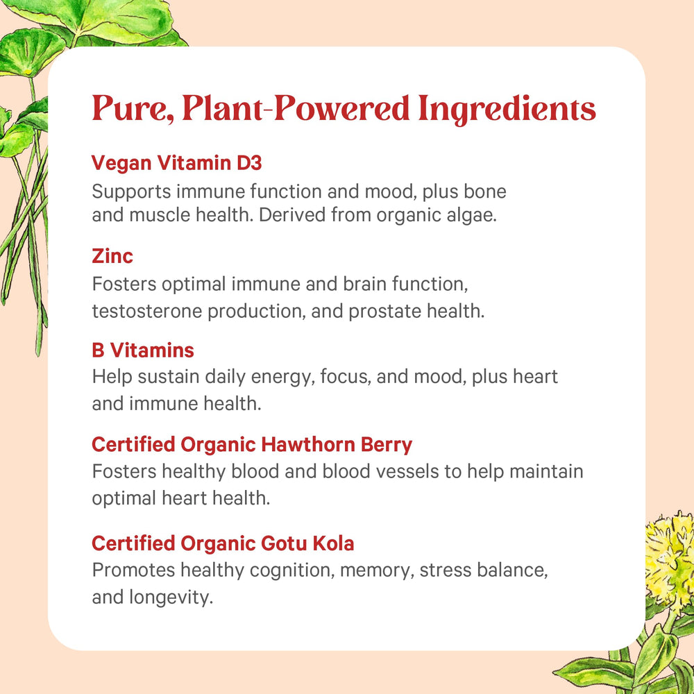 Organic whole-food ingredients label signals vegan, non-GMO formula.