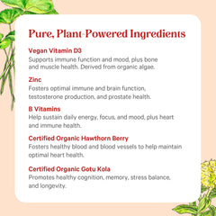 Organic whole-food ingredients label signals vegan, non-GMO formula.