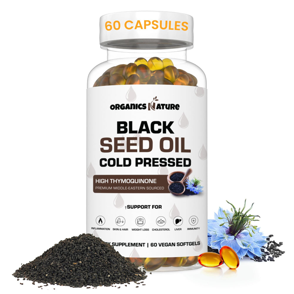 Organics Nature Black Seed Oil bottle pour for convenient daily immune support.