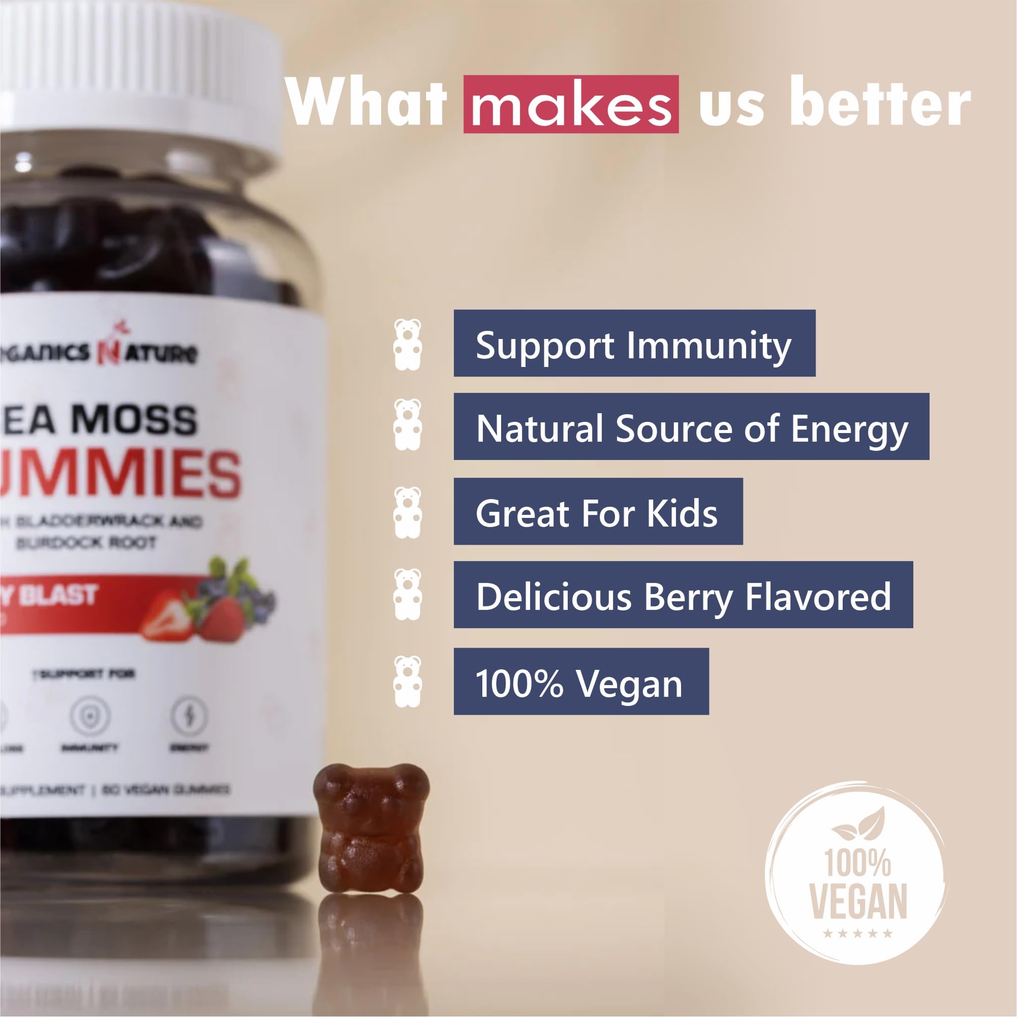 Natural ingredients such as bladderwrack and burdock displayed beside gummies.