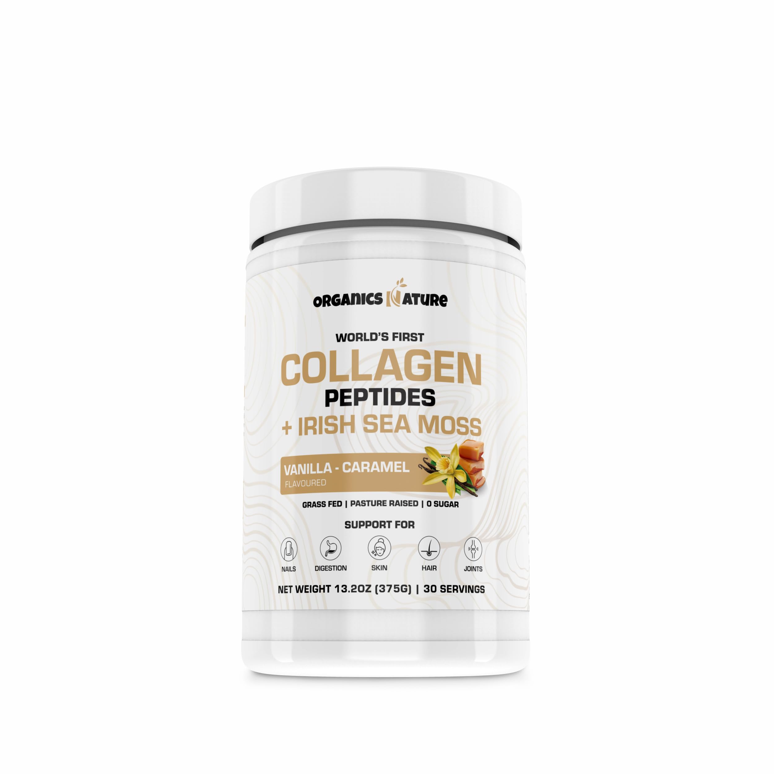Organics Nature Vanilla Caramel Collagen bottle pouring for daily serving convenience