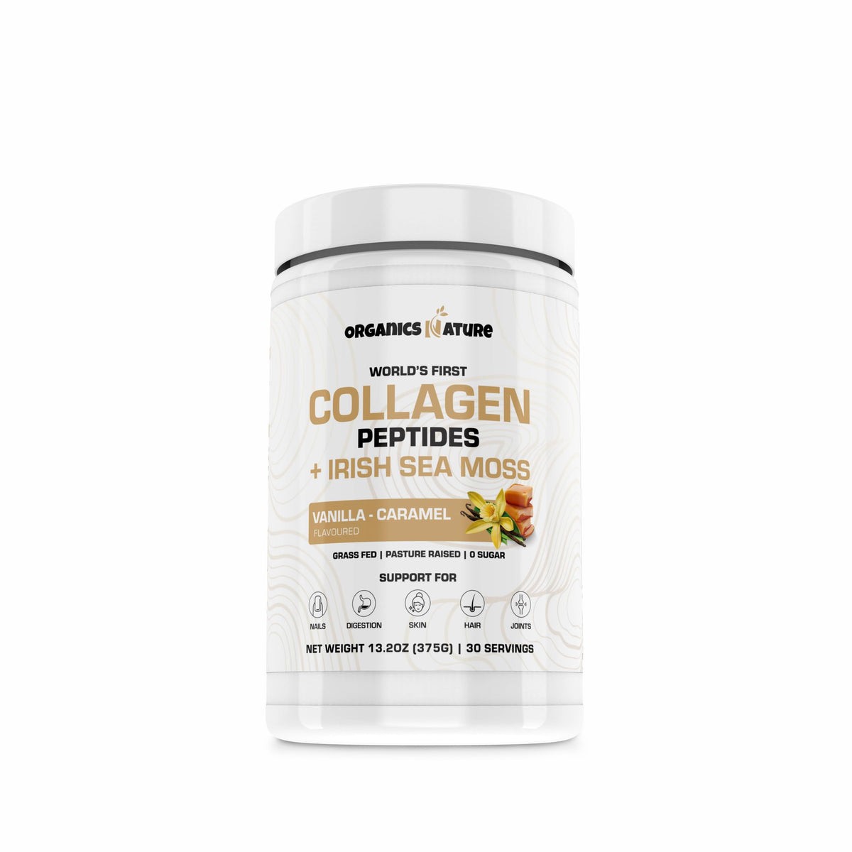 Organics Nature Vanilla Caramel Collagen bottle pouring for daily serving convenience