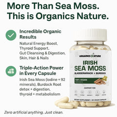 ORGANICS NATURE Vegan sea moss bottle close-up emphasizes plant-based formula