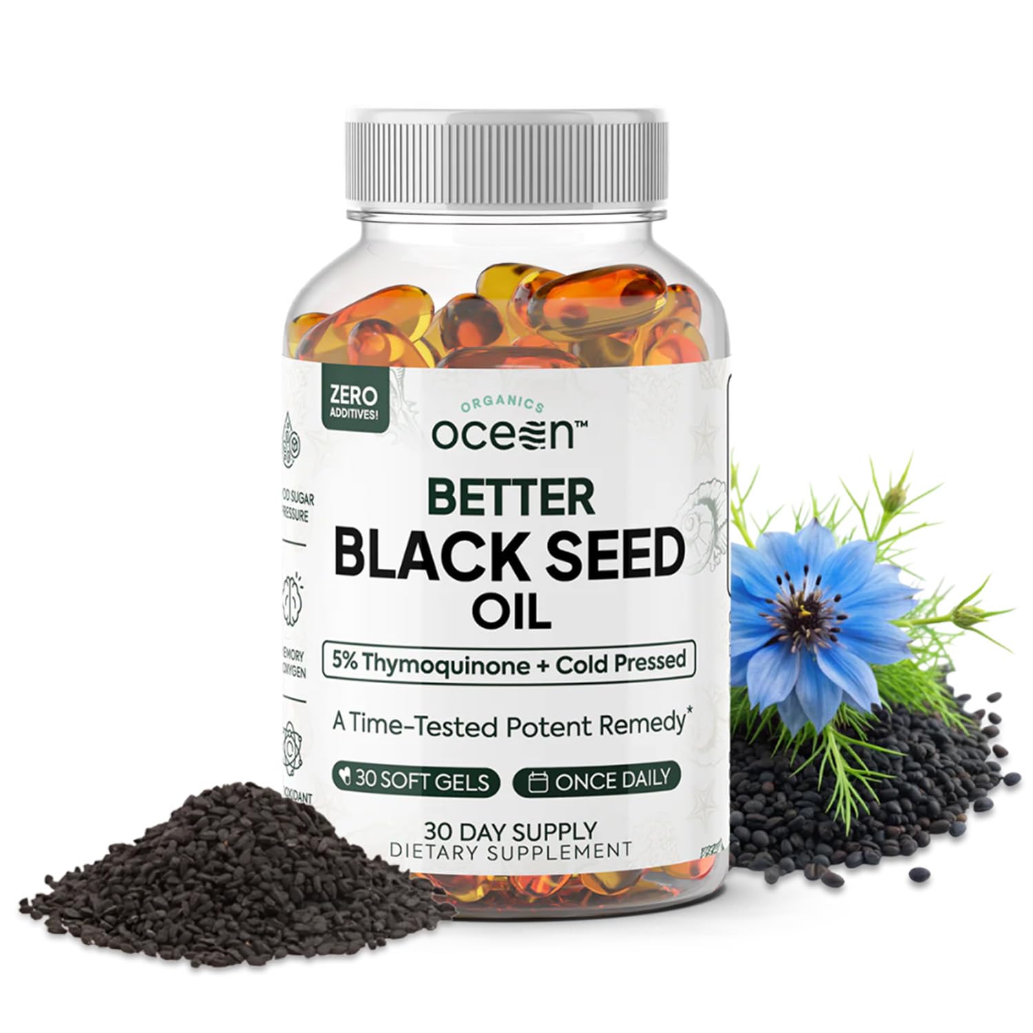 Organics Ocean Better Black Seed Oil bottle highlights pure Nigella sativa for daily immune support.