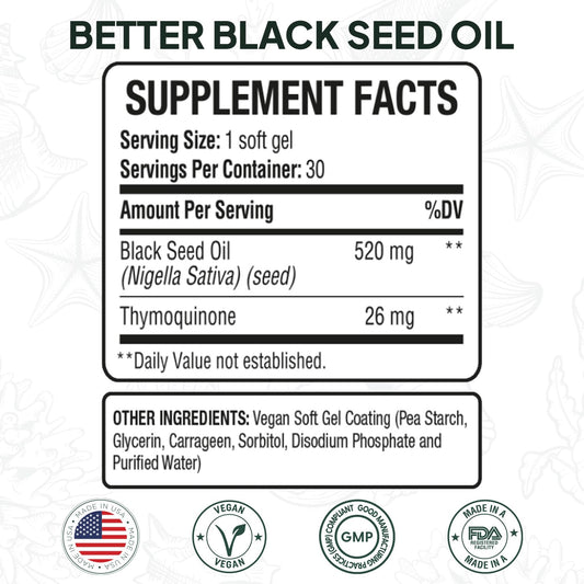 Organics Ocean Better Black Seed Oil capsules offer convenient one-a-day soft gels for easy dosing.