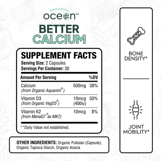 Organics Ocean Better Calcium bottle back details ingredients and third-party testing for purity.