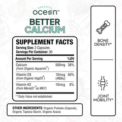 Organics Ocean Better Calcium bottle back details ingredients and third-party testing for purity.