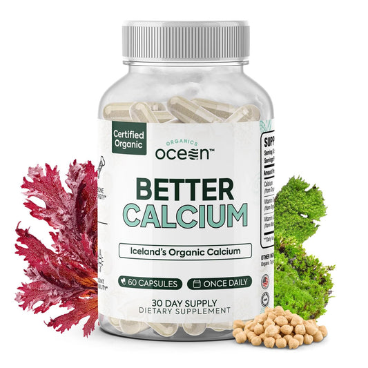 Organics Ocean Better Calcium bottle front shows label and clean vegan calcium that supports daily bone health.