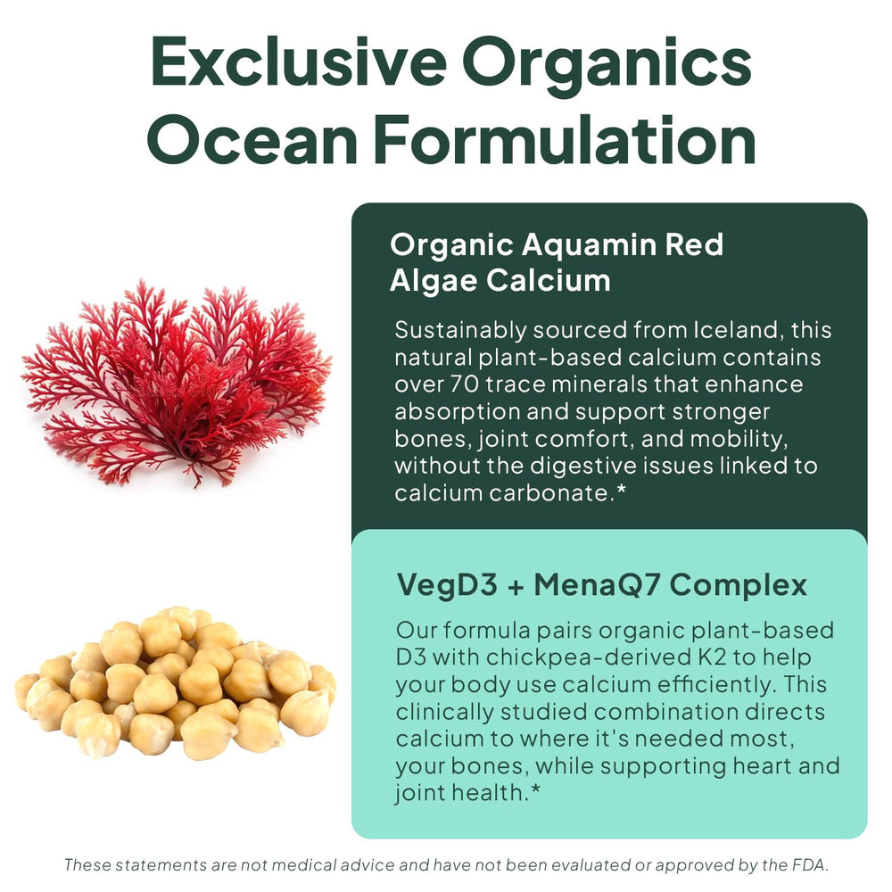Organics Ocean Better Calcium ingredients panel shows VegD3 and MenaQ7 K2 for enhanced calcium absorption.