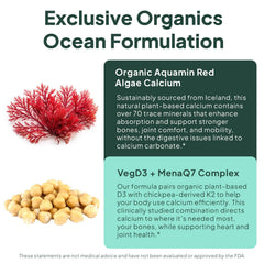 Organics Ocean Better Calcium ingredients panel shows VegD3 and MenaQ7 K2 for enhanced calcium absorption.