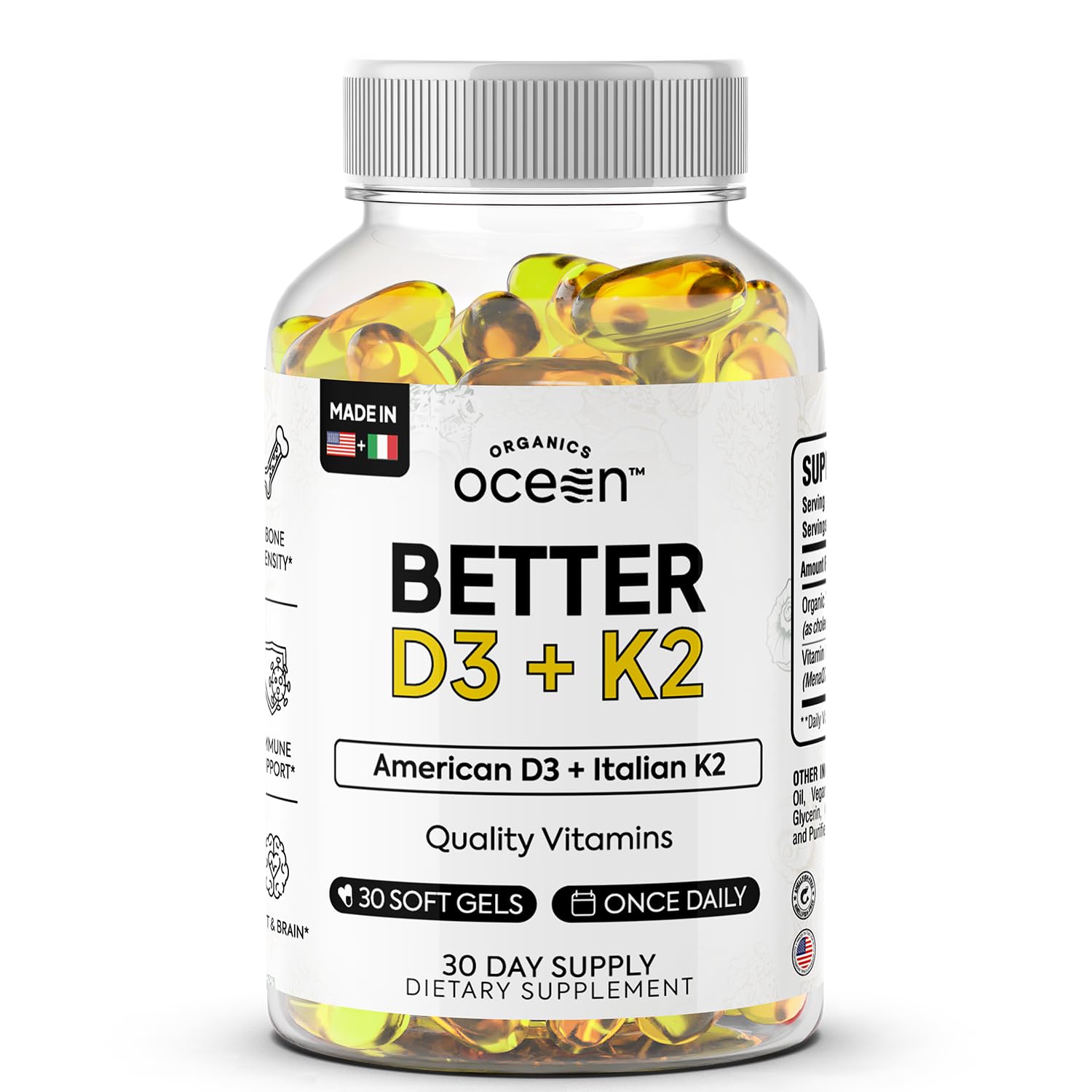 Organics Ocean Better D3 + K2 bottle front showing vegan softgels for daily support