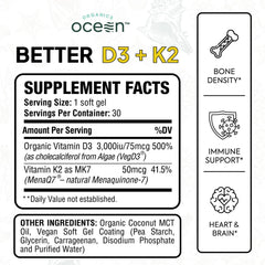 Organics Ocean Better D3 + K2 bottle label highlighting vegan D3 and K2