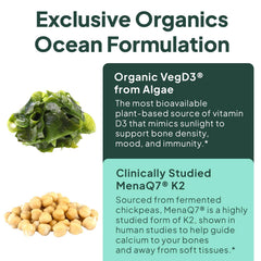 Ingredients close-up highlighting VegD3 algae D3 and MenaQ7 K2