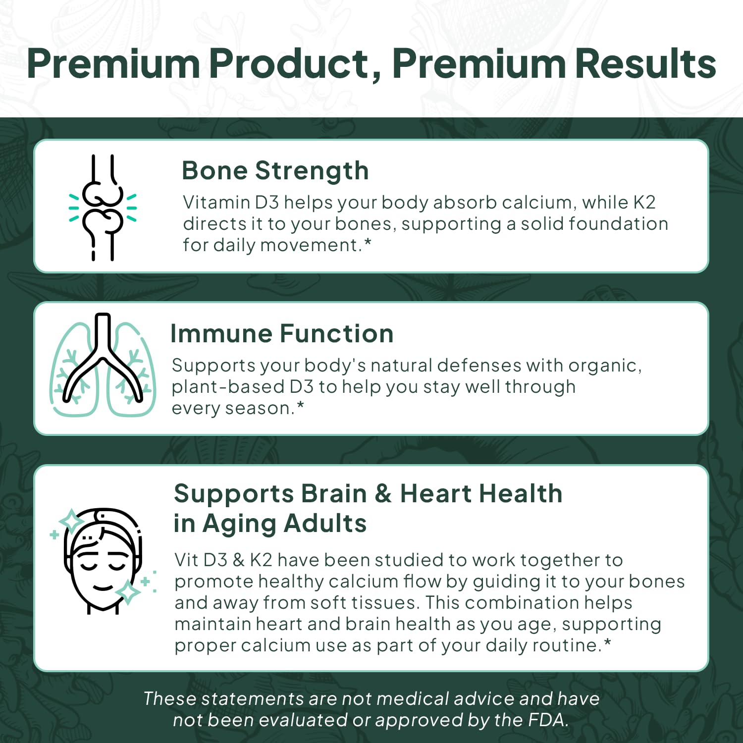 Packaging of Organics Ocean Better D3 + K2 emphasizing vegan, non-GMO formula