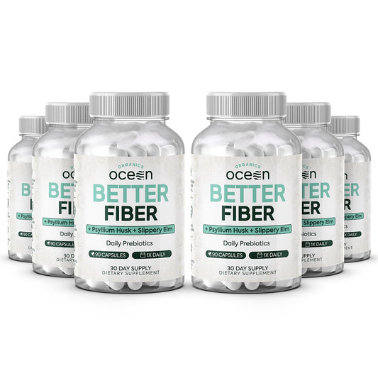 Organics Ocean Better Fiber bottle front, daily fiber support for smoother digestion.