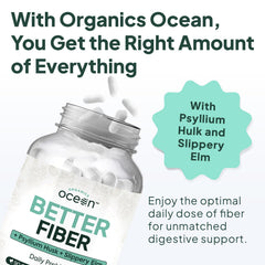 Organics Ocean Better Fiber bottle label highlights psyllium husk and slippery elm.