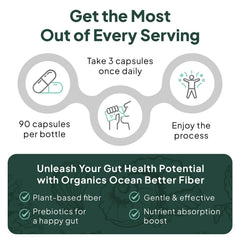Bottle open with Organics Ocean Better Fiber capsules poured, suggesting a simple daily ritual.
