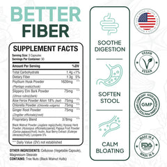 Organics Ocean Better Fiber capsules closeup showing psyllium and slippery elm for digestion support.