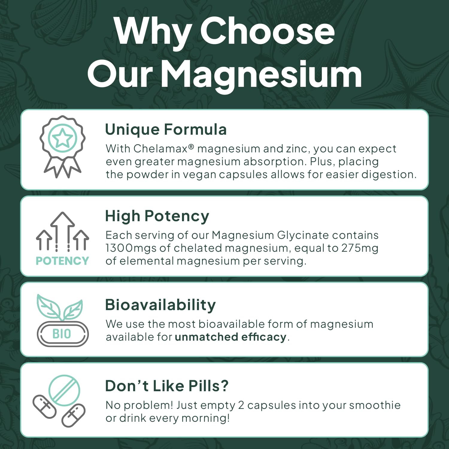 Organics Ocean bottle label emphasizes 275 mg magnesium per serving.