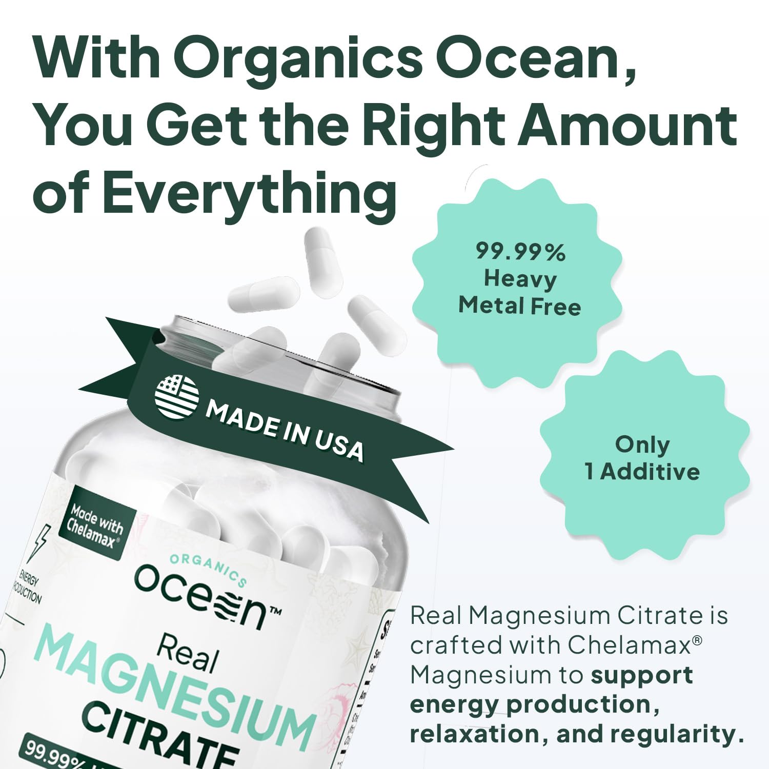 Organics Ocean Chelamax magnesium citrate capsules emphasize fast absorption.