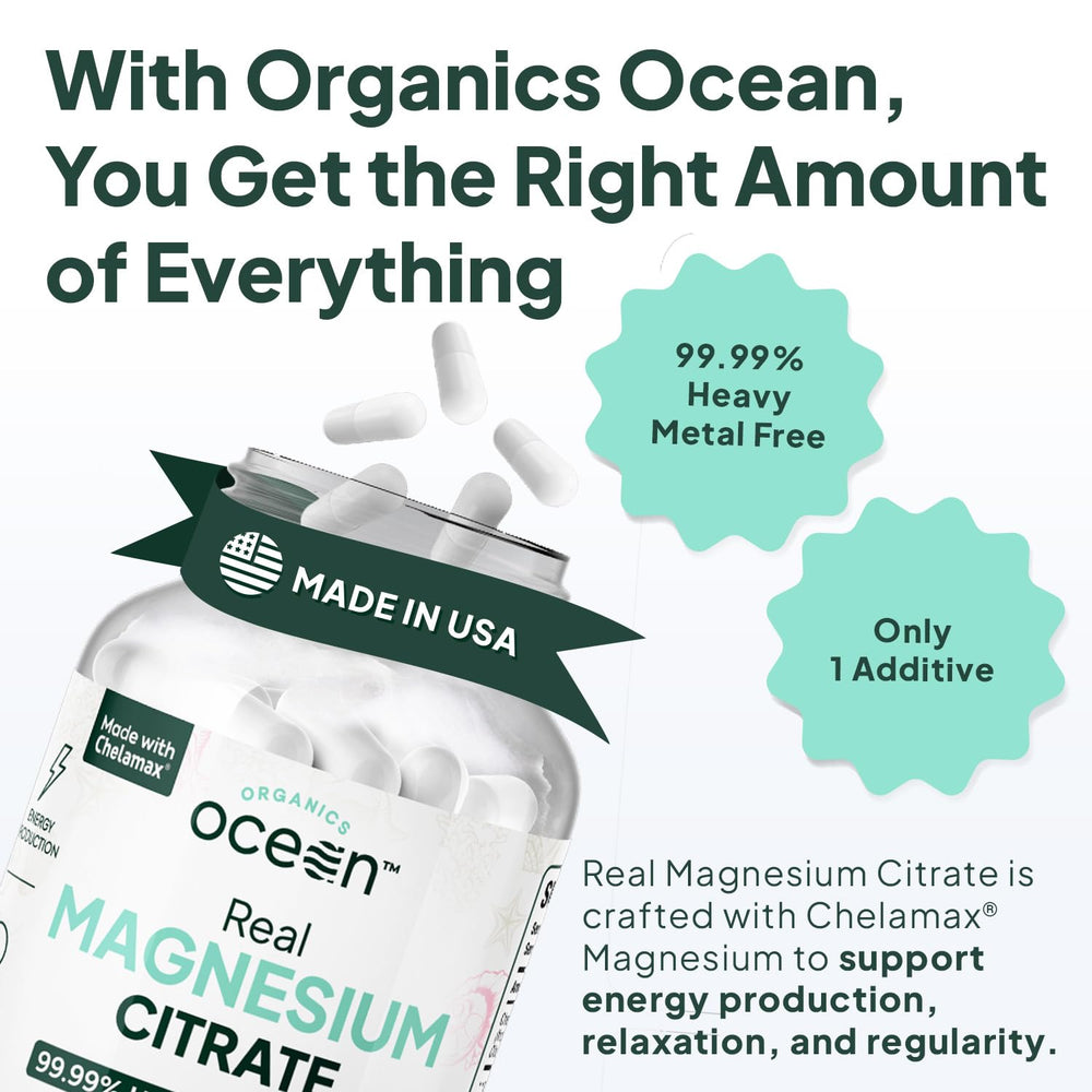 Organics Ocean Chelamax magnesium citrate capsules emphasize fast absorption.