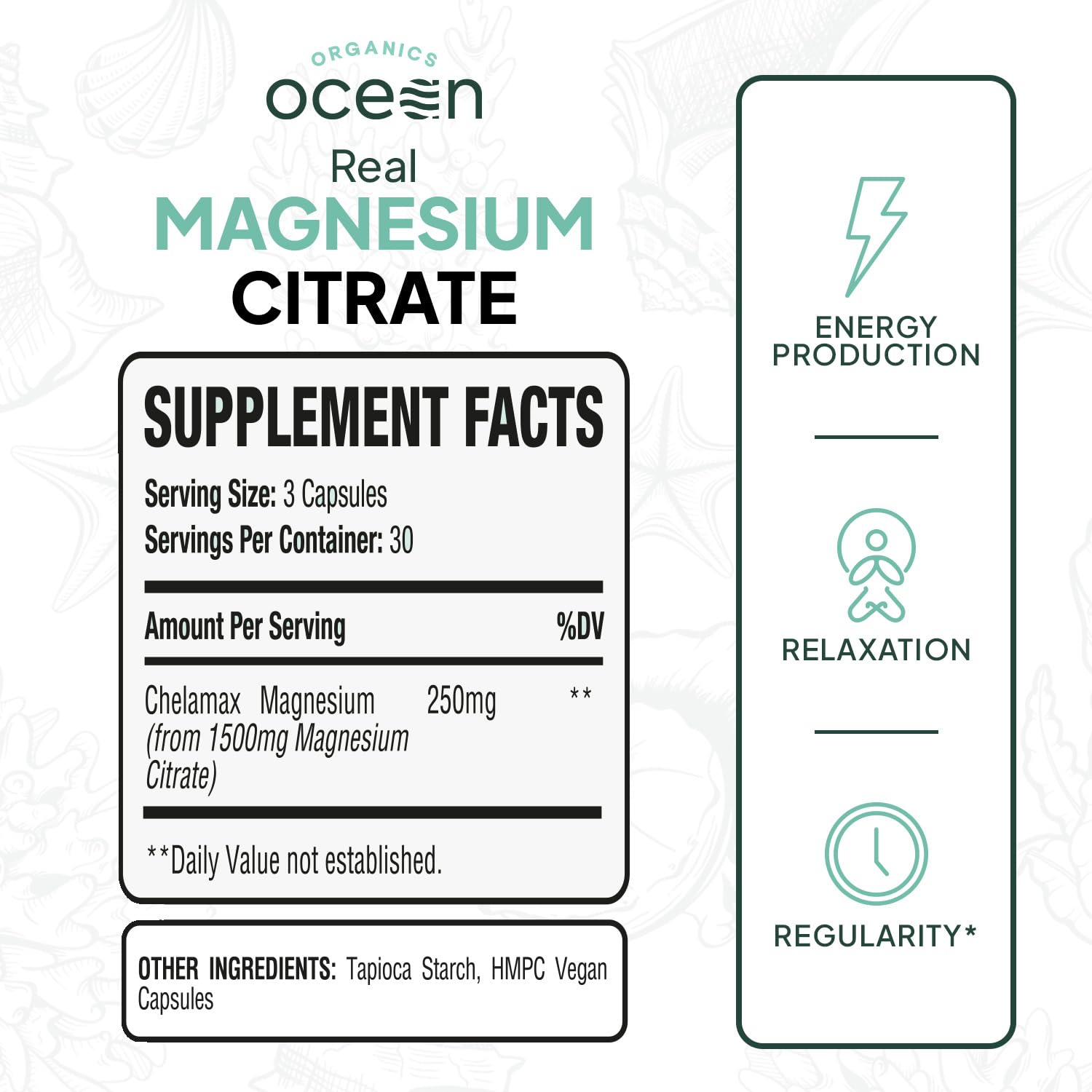 Organics Ocean chelated magnesium with rapid absorption for calm and muscle ease.