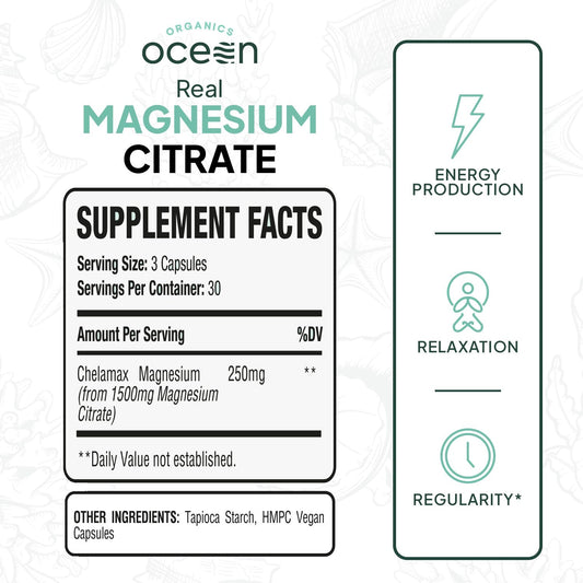 Organics Ocean chelated magnesium with rapid absorption for calm and muscle ease.