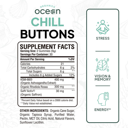 Organics Ocean Chill Buttons Ashwagandha gummies for relaxation.
