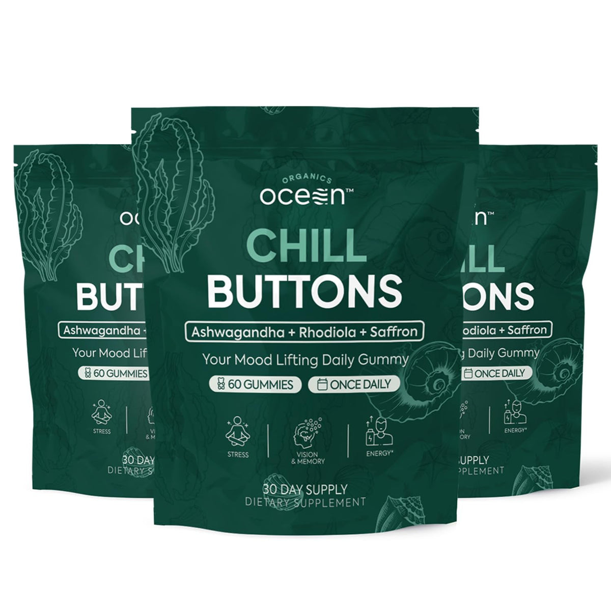 Organics Ocean Chill Buttons bottle closeup showing gummies for calm focus