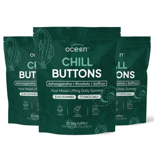 Organics Ocean Chill Buttons bottle closeup showing gummies for calm focus