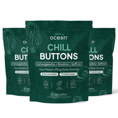 Organics Ocean Chill Buttons bottle closeup showing gummies for calm focus