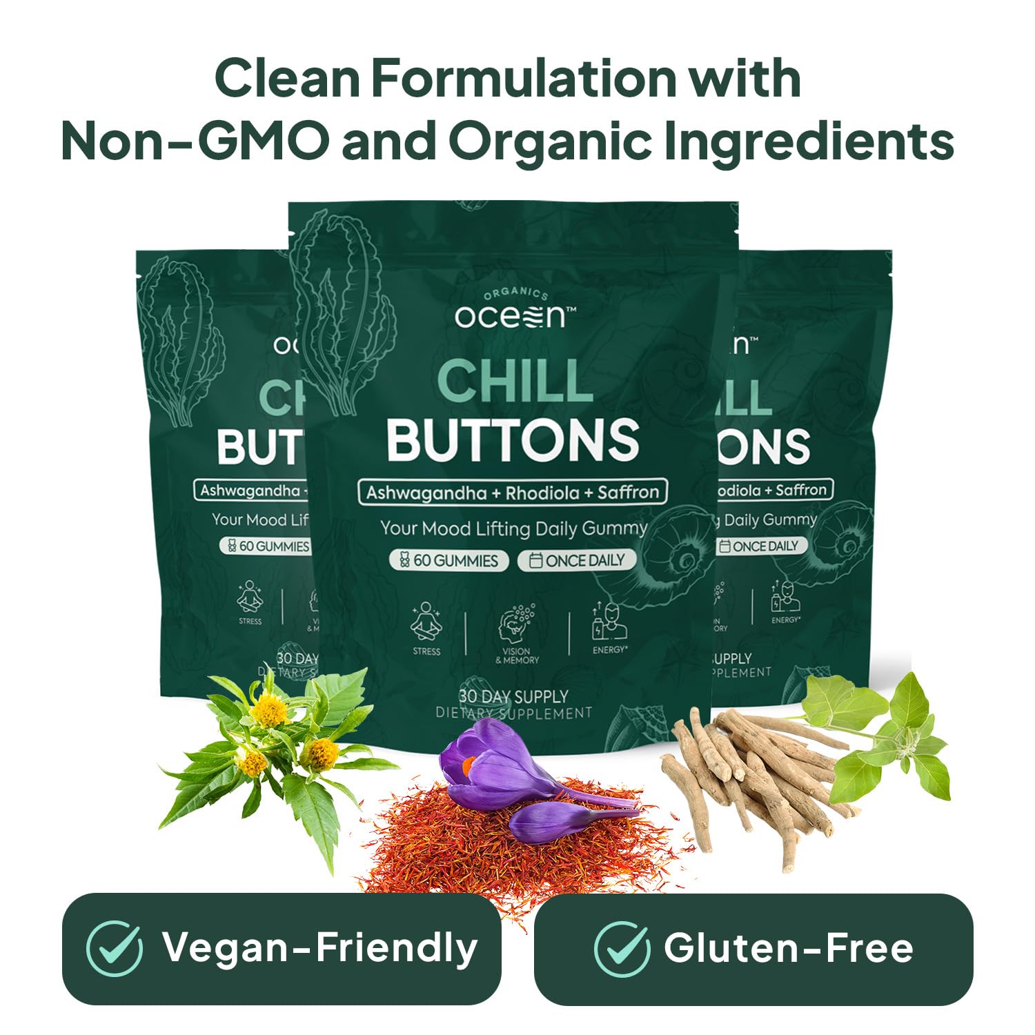 Organics Ocean Chill Buttons label highlights vegan, non-GMO, gluten-free.