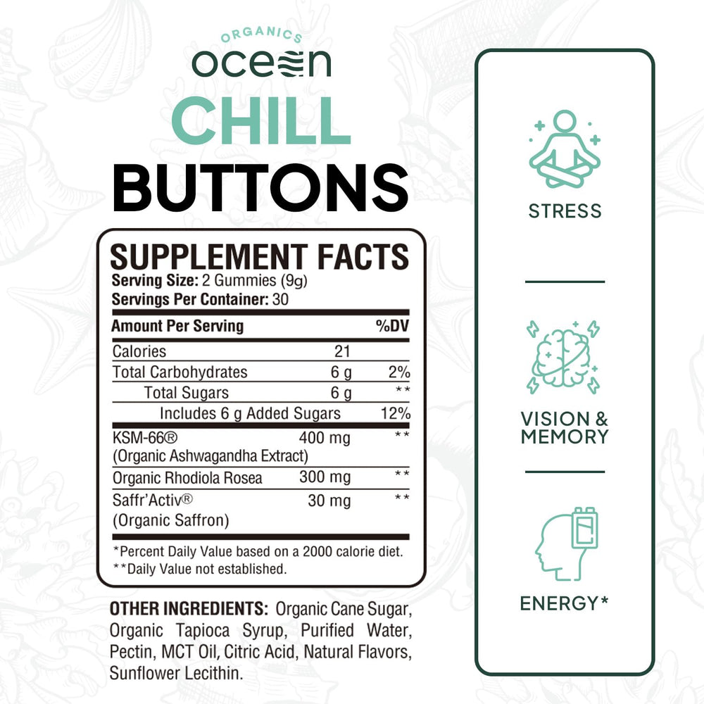 Organics Ocean Chill Buttons open bottle with gummies highlighting daily calm