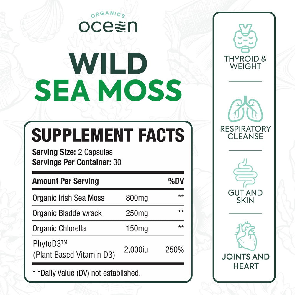 Organics Ocean Irish Sea Moss mineral-rich blend with bladderwrack and chlorella close-up