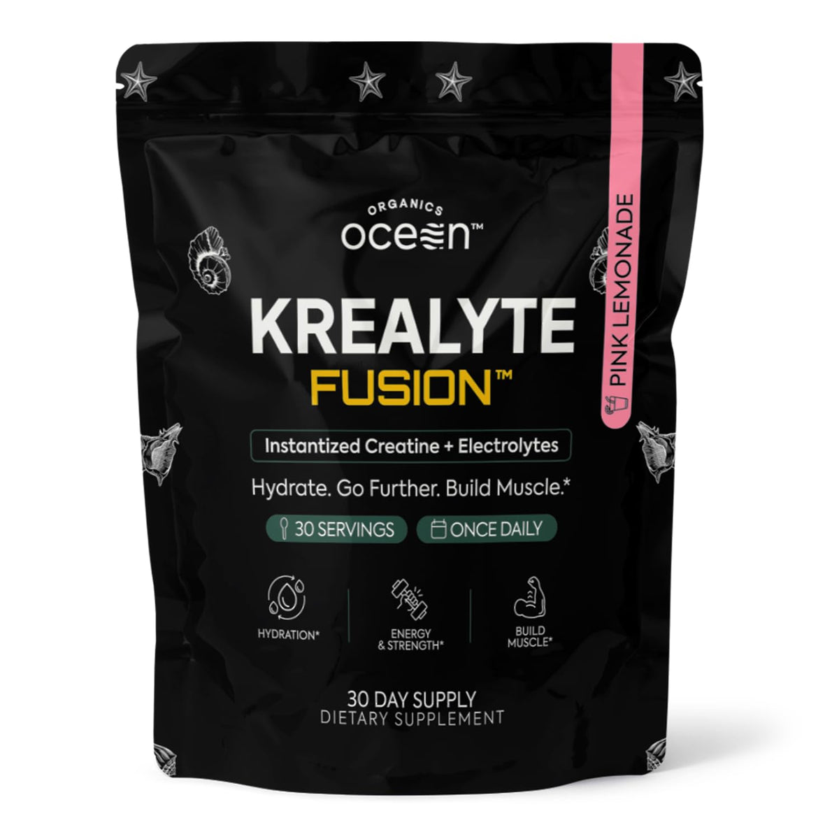 Organics Ocean Krealyte Fusion bottle showing pink lemonade hydration benefits