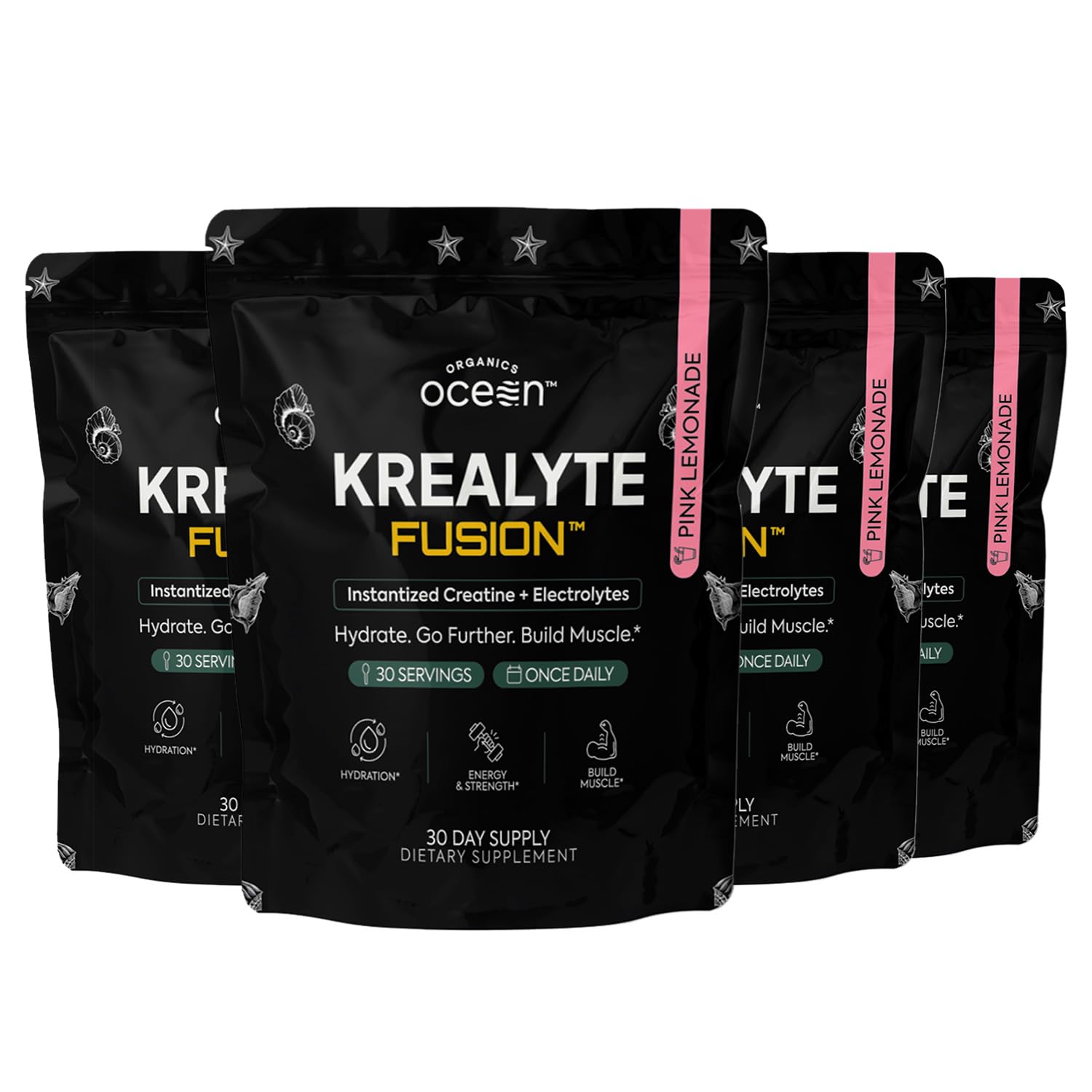 Organics Ocean Krealyte Fusion bottle pour shows hydration support and post-workout recovery.