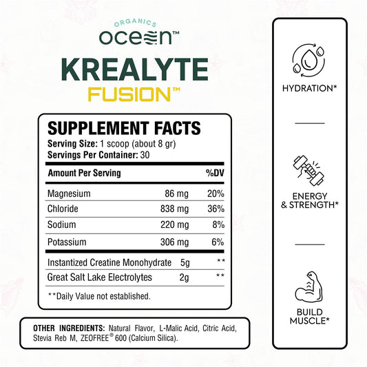Organics Ocean Krealyte Fusion scoop and bottle for easy mixing before workouts.