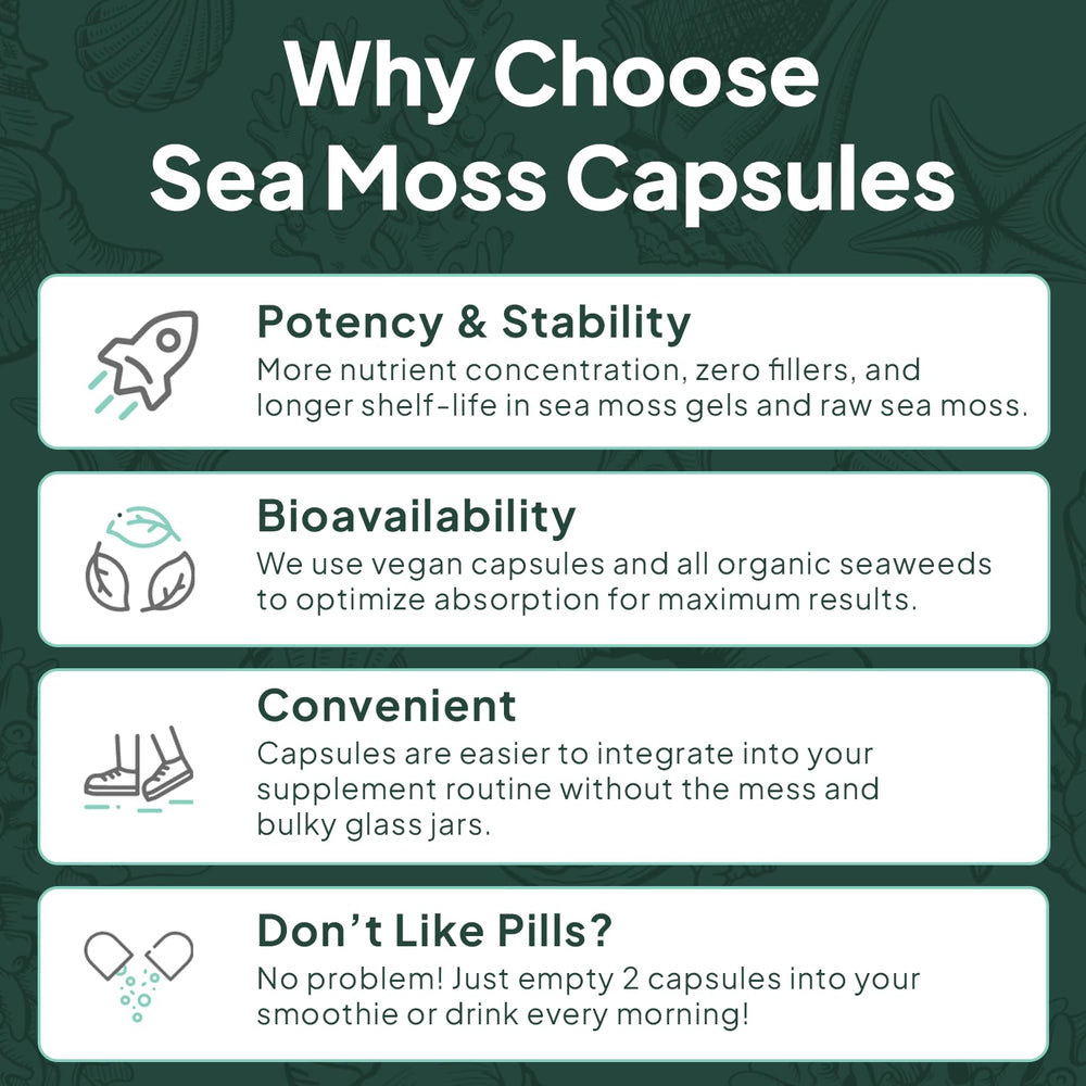 Organics Ocean sea moss capsules highlighting lung health and hydration benefits