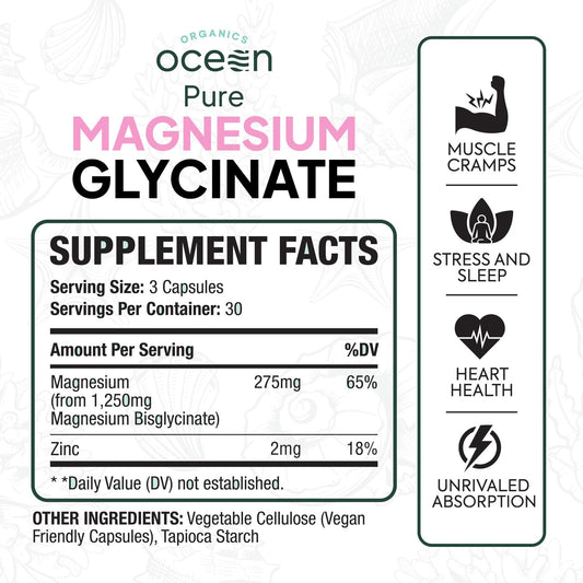 Organics Ocean magnesium glycinate capsules designed for easy swallowing and steady release.