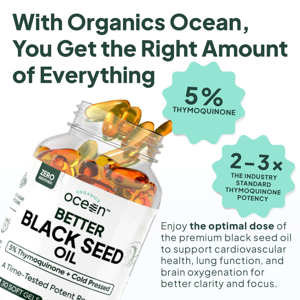 Organics Ocean Nigella Sativa oil label shows five percent thymoquinone potency.