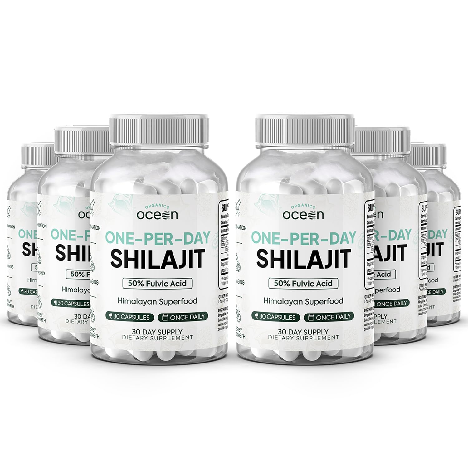 Organics Ocean One-Per-Day Shilajit capsule close-up showing a 250 mg daily dose for vitality support