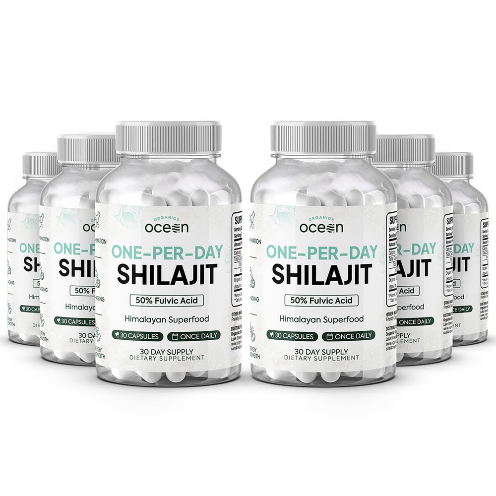 Organics Ocean One-Per-Day Shilajit capsule close-up showing a 250 mg daily dose for vitality support