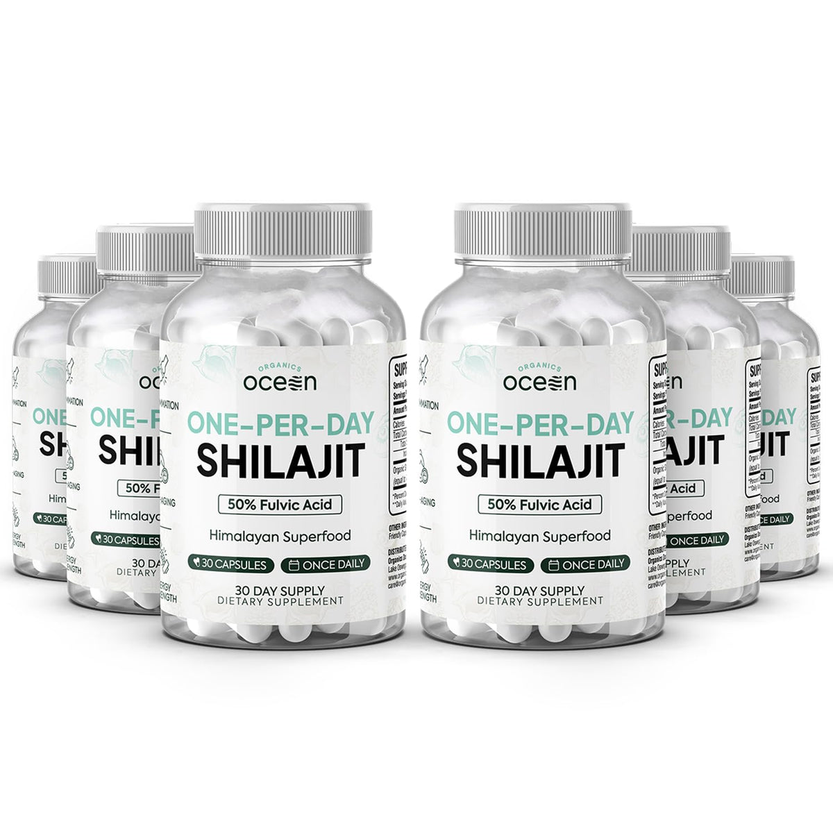 Organics Ocean One-Per-Day Shilajit capsule close-up showing a 250 mg daily dose for vitality support