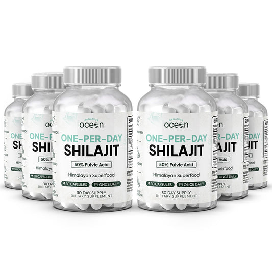 Organics Ocean One-Per-Day Shilajit capsule close-up showing a 250 mg daily dose for vitality support