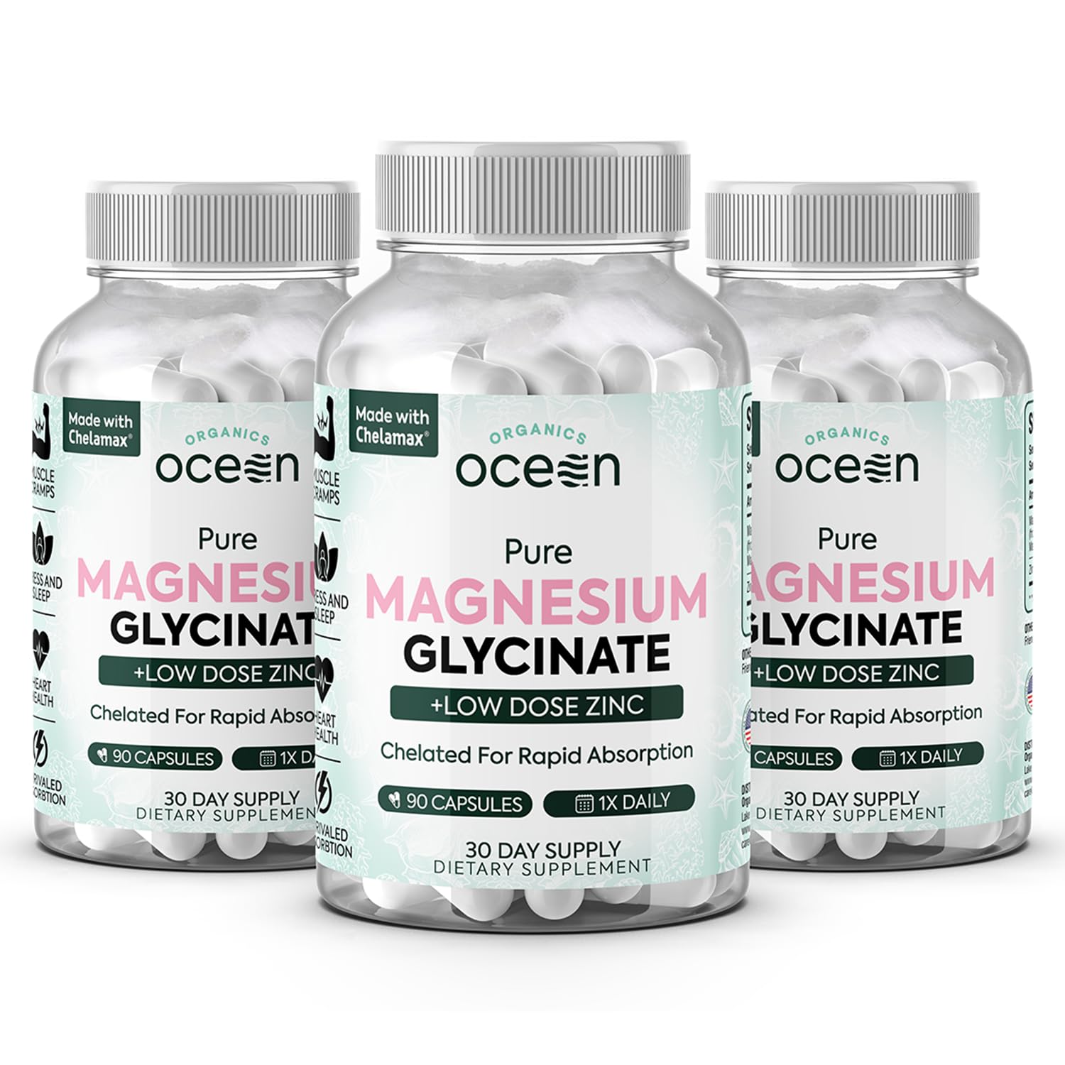 Organics Ocean magnesium glycinate zinc bottle front view shows high-strength formula for daily use.