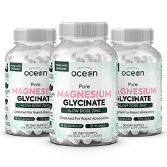 Organics Ocean magnesium glycinate zinc bottle front view shows high-strength formula for daily use.